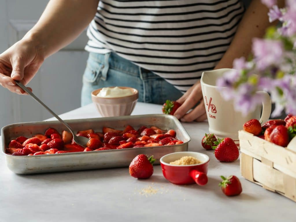 Mujer prepara un postre con fresas